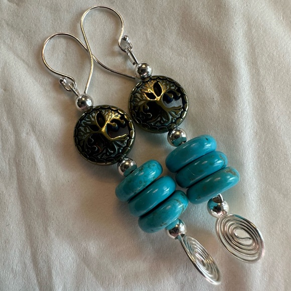 ARTISAN Tree of Life Turquoise Heishi Bead Wire Wrapped Sterling Earrings 2 1/3” - Picture 5 of 7